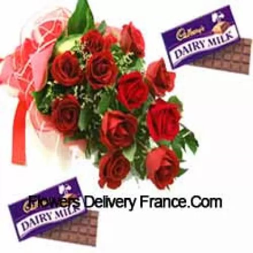 Bouquet aus 11 roten Rosen mit saisonalen Füllstoffen sowie verschiedenen Cadbury-Schokoladen