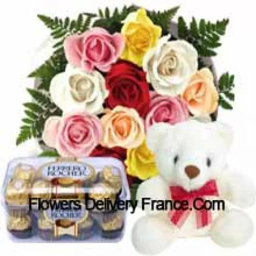 Conjunto de 11 rosas vermelhas com complementos sazonais, um fofo urso branco de 12 polegadas de altura e uma caixa com 16 unidades de Ferrero Rocher.