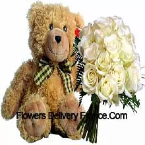 Bouquet de 19 roses blanches avec des remplisseurs saisonniers accompagnés d'un mignon ours en peluche brun de 14 pouces de hauteur