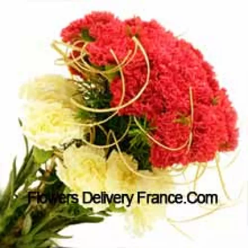 Bunch Of 24 Red And 11 Yellow Carnations With Seasonal Fillers