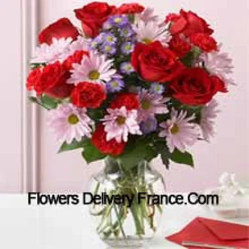 Red Roses, Red Carnations And Pink Gerberas With Seasonal Fillers In A Glass Vase -- 25 Stems And Fillers