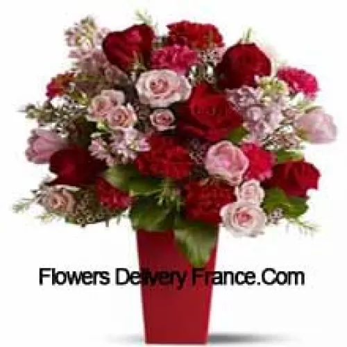 Red Roses, Red Carnations And Pink Roses With Seasonal Fillers In A Glass Vase -- 25 Stems And Fillers