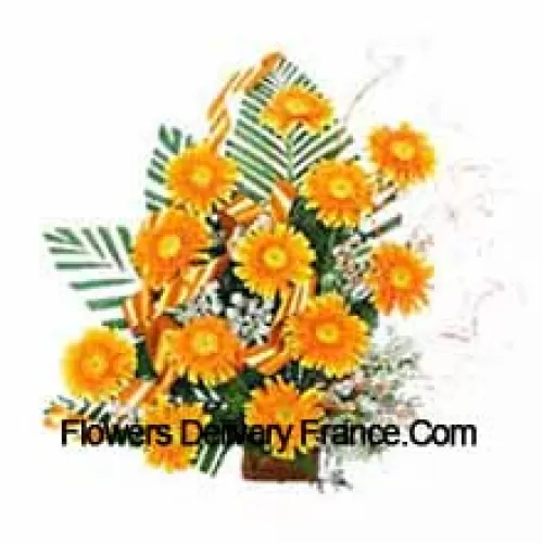 Basket Of 11 Yellow Colored Gerberas With Fillers