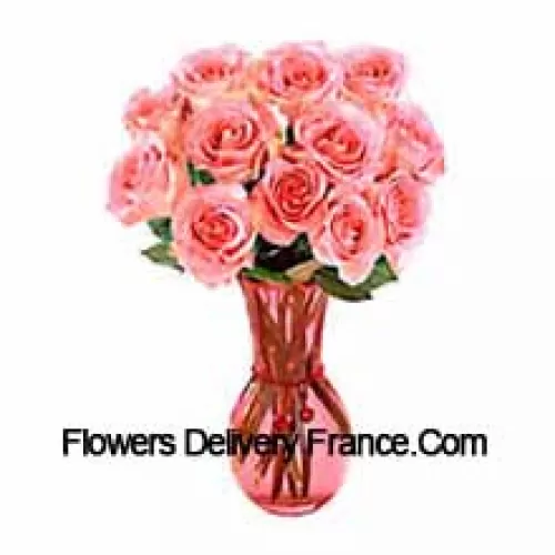 11 Pink Roses In A Glass Vase