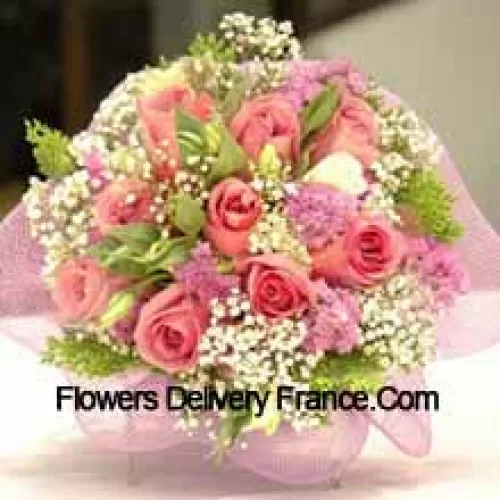 Bunch Of 11 Pink Roses With Fillers