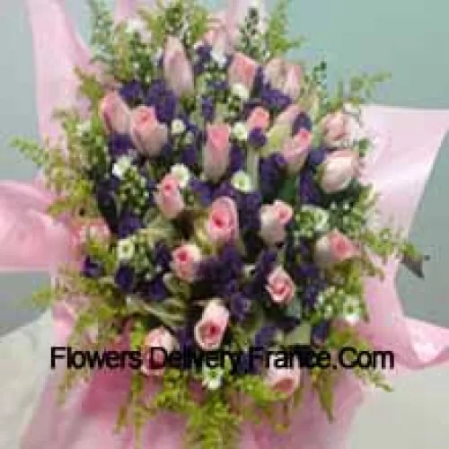 Bunch Of 31 Pink Roses With Seasonal Fillers