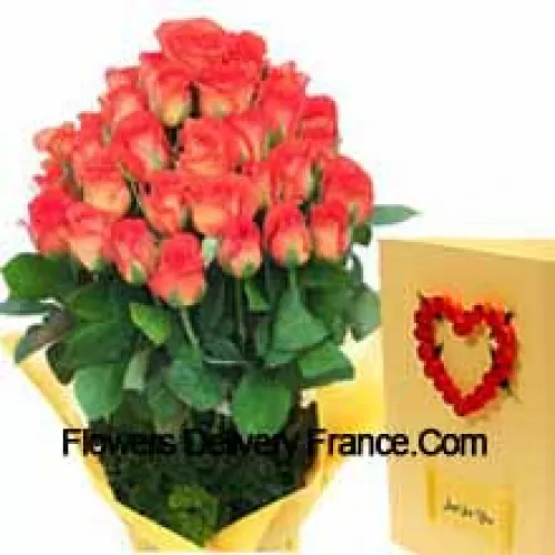 Buchet de 31 trandafiri portocalii cu un card gratuit de felicitare