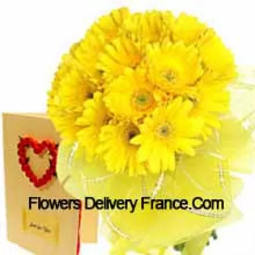 Bouquet de 19 gerberas jaunes avec une carte de vœux gratuite