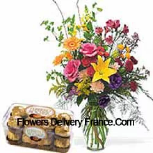 Fleurs assorties dans un vase avec 16 pièces de Ferrero Rocher