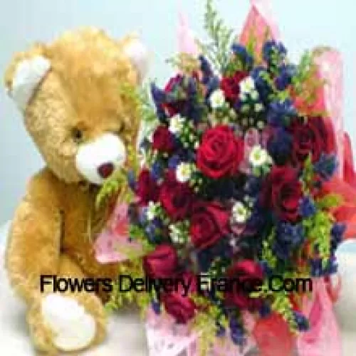 Bunch Of 11 Red Roses With Fillers And A Medium Sized Cute Teddy Bear