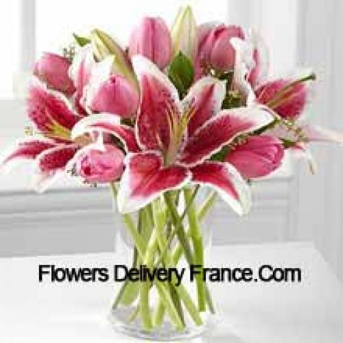 Pink Lilies and Tulips in Vase