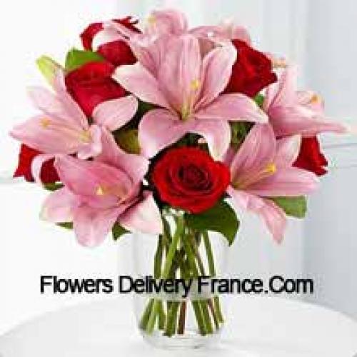 Pink Lilies and Cute Red Roses