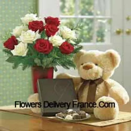 7 Red And 6 White Roses With Some Ferns In A Vase, A Cute Light Brown 10 Inches Teddy Bear And A Box Of Chocolates