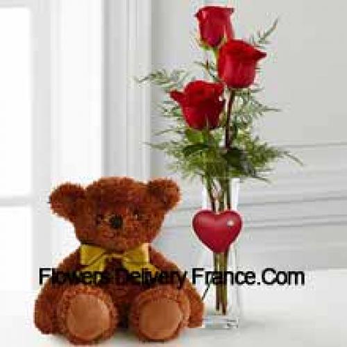 Ourson de 10 pouces avec 3 roses rouges