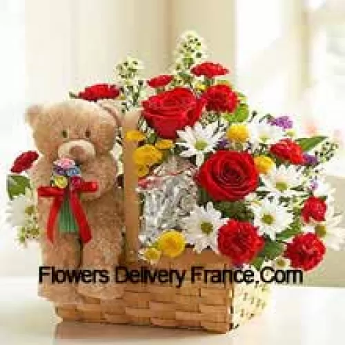 Canasta de flores variadas y un lindo oso de peluche marrón de 6 pulgadas