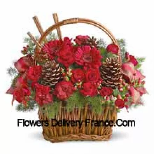 Spice up any winter occasion with this charming basket bouquet of miniature roses, carnations, gerberas, or similar festive blooms, designed in a basket with fresh evergreens, pinecones, and accents. Great for a thank you, Happy Holidays greeting, Christmas wishes, or just because (Please Note That We Reserve The Right To Substitute Any Product With A Suitable Product Of Equal Value In Case Of Non-Availability Of A Certain Product)