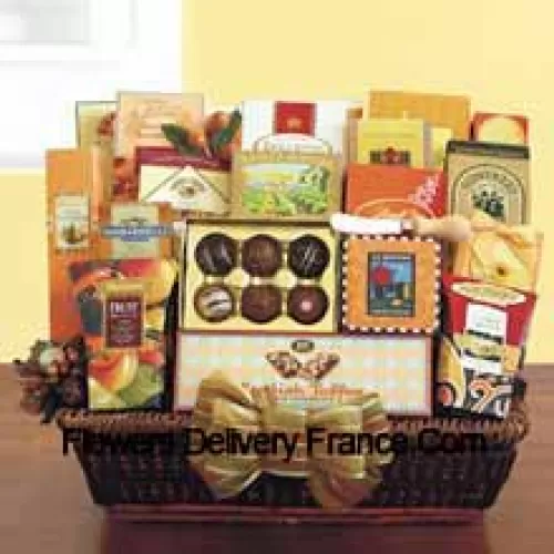 Can't decide what to get for those hard-to-buy for people on your holiday list? Do you have some business clients that you need to send thank you gifts to, but don't know what they like? Our office party gift basket is perfect when you need to send a large gift and insure there is plenty of variety for everyone to enjoy. Our wicker tray basket is brimming with gourmet goodies that anyone can appreciate, like California smoked almonds, Lindt truffles, a Ghirardelli caramel chocolate bar, Dolcetto wafer cookies, dried fruit, cashew crunch, cheese straws, carrot cake cookies, breadsticks, cheese, a cheese knife, crackers, English toffee, cookies, English tea cookies, toffee pretzels, toffee almonds, LeGrand truffles, and cappuccino mix. (Please Note That We Reserve The Right To Substitute Any Product With A Suitable Product Of Equal Value In Case Of Non-Availability Of A Certain Product)