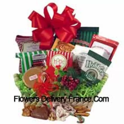 Celebra le tradizioni festive con un regalo che vanta buon gusto! Il cestino naturale festoso è pieno di deliziosi trattamenti tradizionali. Abbiamo incluso arachidi, fudge, pretzel, biscotti al formaggio, biscotti, snack misto, croccante alle arachidi, pretzel glassati, popcorn natalizio e cioccolatini ripieni di menta. Abbiamo anche incluso un ornamento per l'albero da conservare per completare questo regalo festoso e sincero. (Si prega di notare che ci riserviamo il diritto di sostituire qualsiasi prodotto con un prodotto idoneo di pari valore in caso di non disponibilità di un certo prodotto)