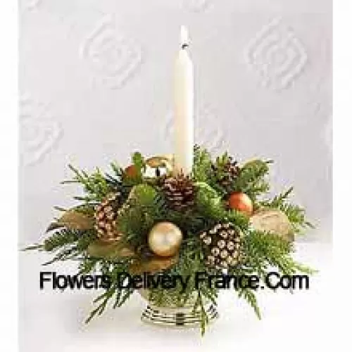 Wish all of those faces at your holiday feast a good night, glowing with seasonal dreams, with this gorgeous centerpiece perfectly accenting your table. A lovely mix of holiday greens are beautifully decorated with pine cones, golden leaves, golden holiday balls and a white taper candle setting the perfect mood and seasonal glow (Please Note That We Reserve The Right To Substitute Any Product With A Suitable Product Of Equal Value In Case Of Non-Availability Of A Certain Product)